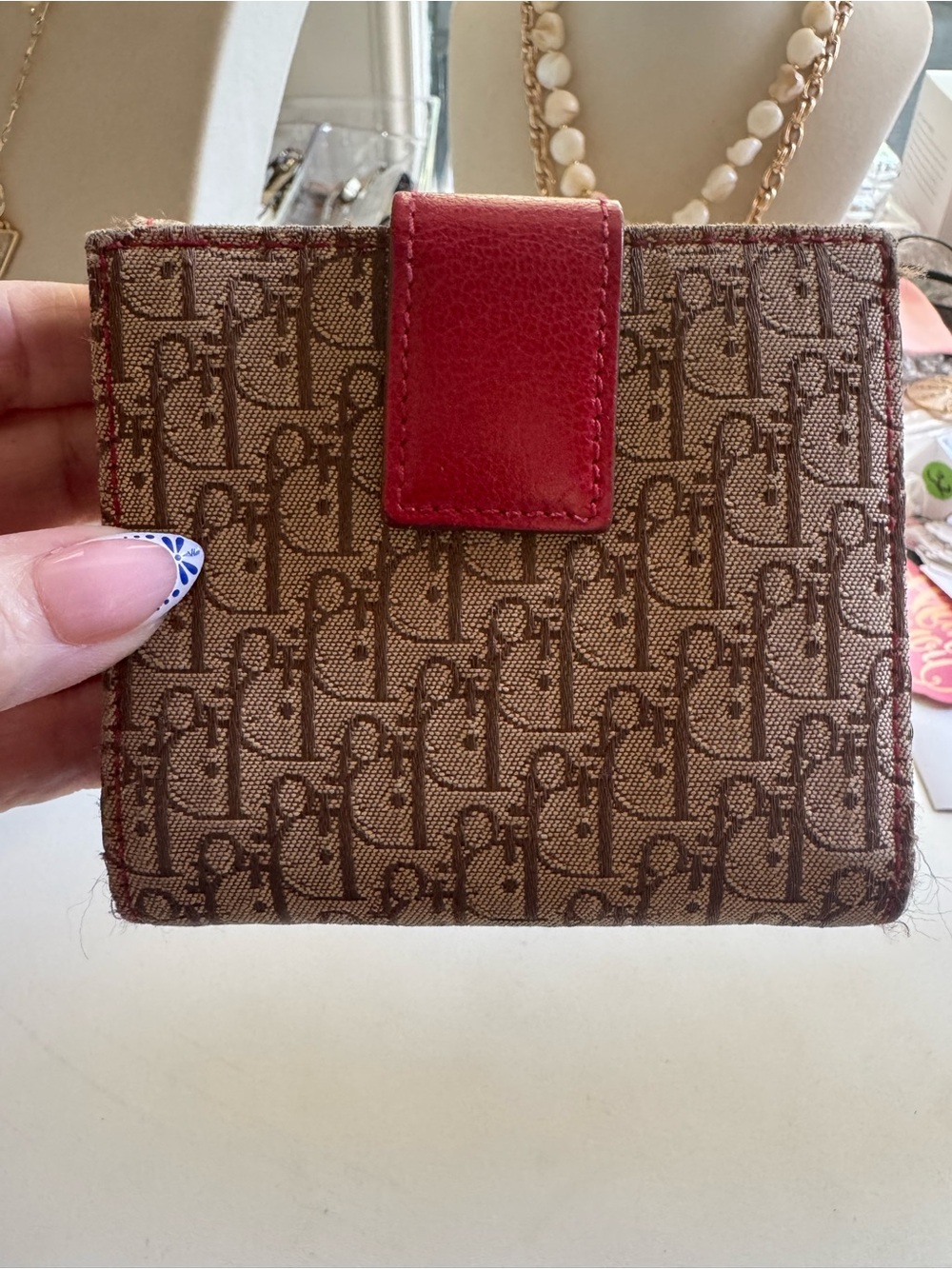 Dior Brown Monogram Canvas Tri fold Wallet with Red Trim and Green-Yellow Accent - Picture 4 of 13